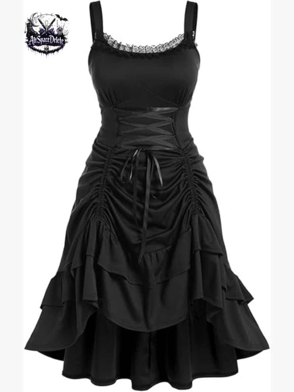 Plus Size Gothic Lace Trim Lace-up Ruched Midi Dress Backless A-Line